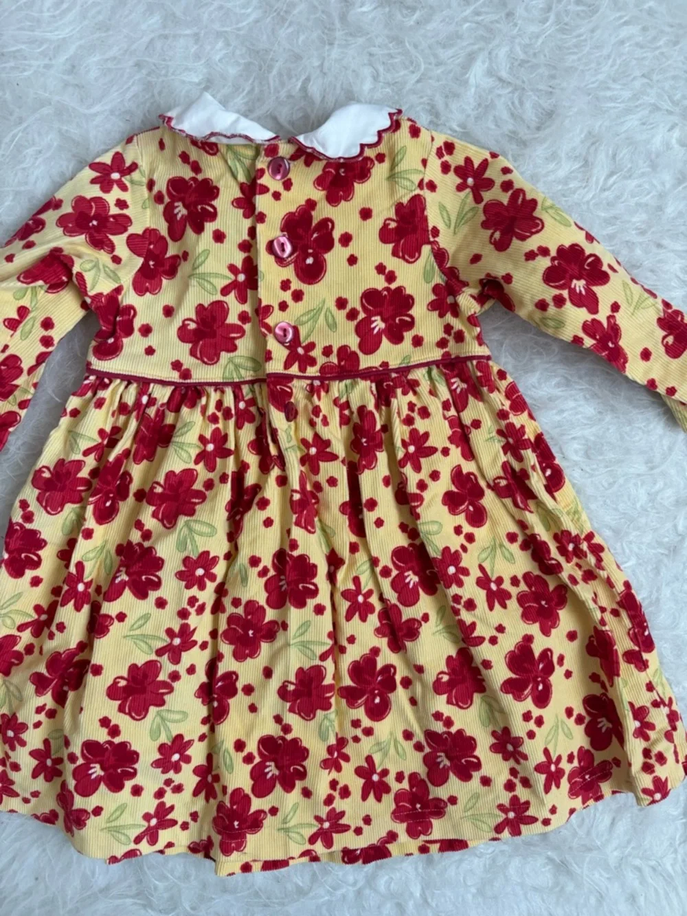 Little Me Vintage Style Yellow Corduroy Baby Girl Dress with Red Floral AOP